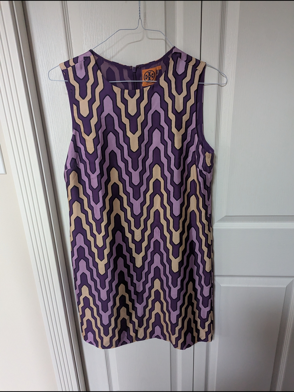 Tory Burch Purple and Cream Chevron-Style Sleeveless Shift Dress